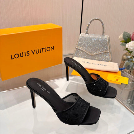 LV 26S MULE HEELS 90 MM IN BLACK FABRIC AND LAMBSKIN