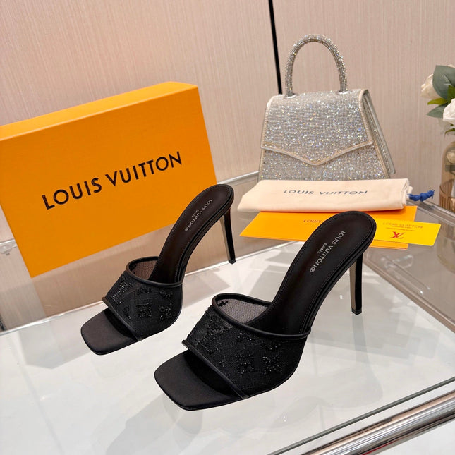LV 26S MULE HEELS 90 MM IN BLACK FABRIC AND LAMBSKIN