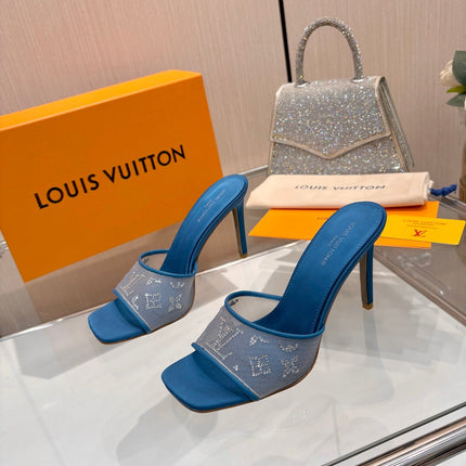 LV 26S MULE HEELS 90 MM IN OCEAN BLUE FABRIC AND LAMBSKIN