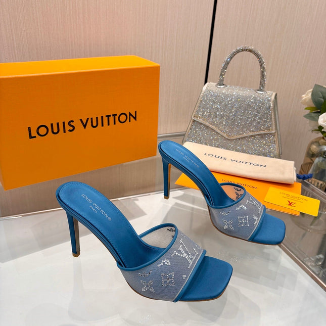 LV 26S MULE HEELS 90 MM IN OCEAN BLUE FABRIC AND LAMBSKIN