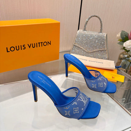 LV 26S MULE HEELS 90 MM IN NAVY BLUE FABRIC AND LAMBSKIN