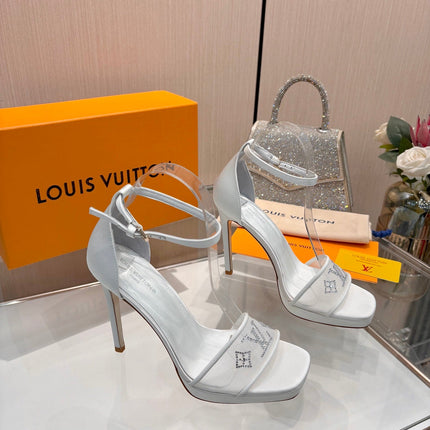 LV 26S HIGH HEEL SANDALS 110 MM IN WHITE FABRIC AND LAMBSKIN