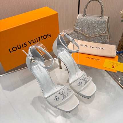 LV 26S HIGH HEEL SANDALS 110 MM IN WHITE FABRIC AND LAMBSKIN