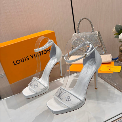LV 26S HIGH HEEL SANDALS 110 MM IN WHITE FABRIC AND LAMBSKIN