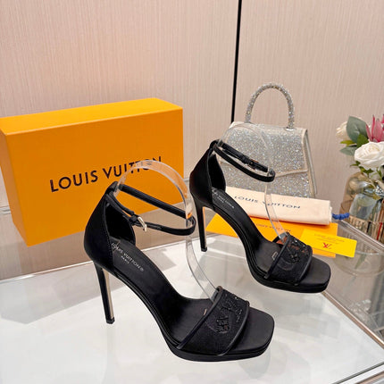 LV 26S HIGH HEEL SANDALS 110 MM IN BLACK FABRIC AND LAMBSKIN
