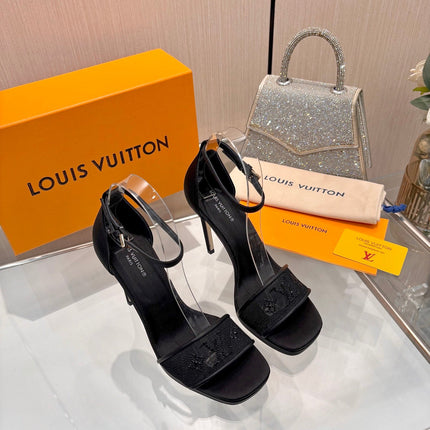 LV 26S HIGH HEEL SANDALS 110 MM IN BLACK FABRIC AND LAMBSKIN