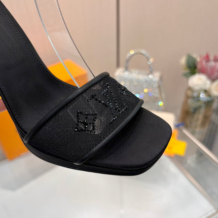 LV 26S HIGH HEEL SANDALS 110 MM IN BLACK FABRIC AND LAMBSKIN