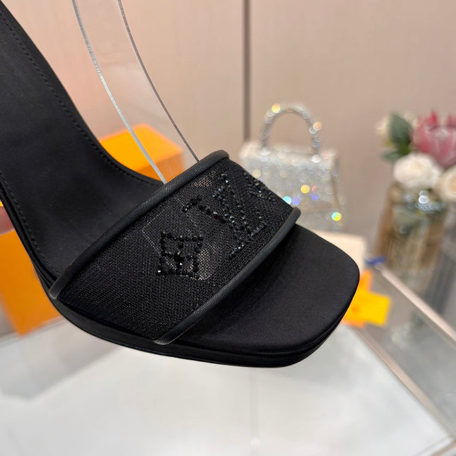 LV 26S HIGH HEEL SANDALS 110 MM IN BLACK FABRIC AND LAMBSKIN