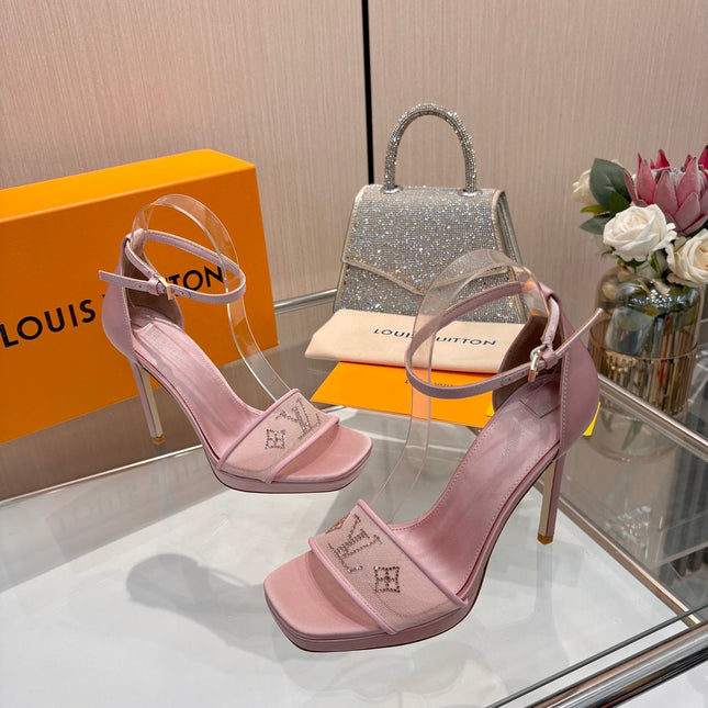 LV 26S HIGH HEEL SANDALS 110 MM IN LIGHT PINK FABRIC AND LAMBSKIN