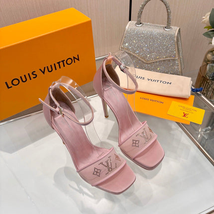 LV 26S HIGH HEEL SANDALS 110 MM IN LIGHT PINK FABRIC AND LAMBSKIN