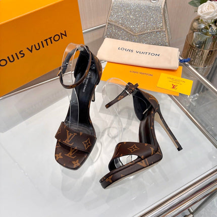 LV 26S HIGH HEEL SANDALS 110 MM IN DARK BROWN MONOGRAM CANVAS