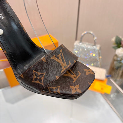 LV 26S HIGH HEEL SANDALS 110 MM IN DARK BROWN MONOGRAM CANVAS