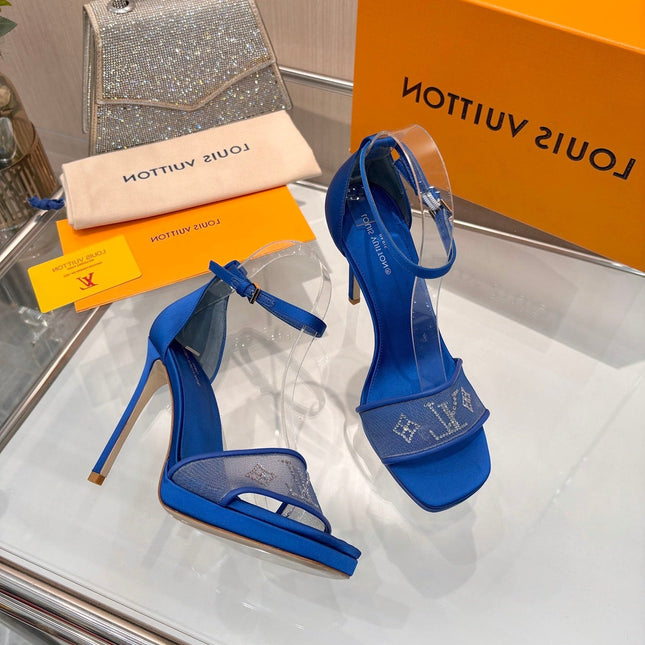 LV 26S HIGH HEEL SANDALS 110 MM IN NAVY BLUE FABRIC AND LAMBSKIN