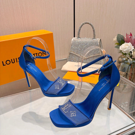 LV 26S HIGH HEEL SANDALS 110 MM IN NAVY BLUE FABRIC AND LAMBSKIN