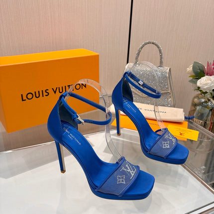 LV 26S HIGH HEEL SANDALS 110 MM IN NAVY BLUE FABRIC AND LAMBSKIN