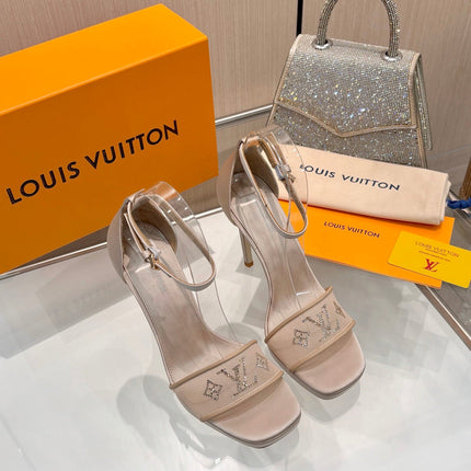 LV 26S HIGH HEEL SANDALS 110 MM IN BEIGE FABRIC AND LAMBSKIN
