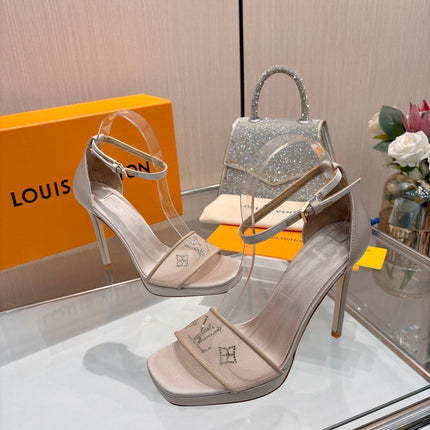 LV 26S HIGH HEEL SANDALS 110 MM IN BEIGE FABRIC AND LAMBSKIN