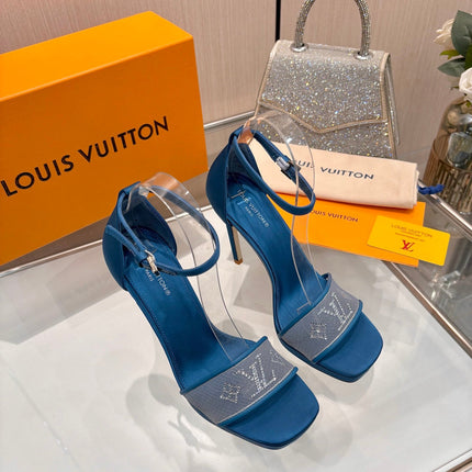 LV 26S HIGH HEEL SANDALS 110 MM IN OCEAN BLUE FABRIC AND LAMBSKIN