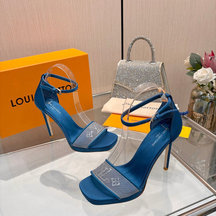 LV 26S HIGH HEEL SANDALS 110 MM IN OCEAN BLUE FABRIC AND LAMBSKIN