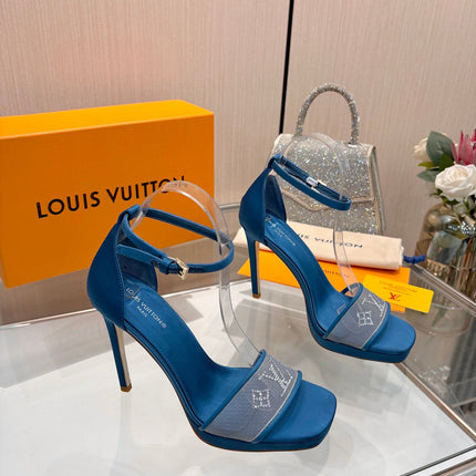 LV 26S HIGH HEEL SANDALS 110 MM IN OCEAN BLUE FABRIC AND LAMBSKIN