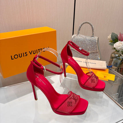 LV 26S HIGH HEEL SANDALS 110 MM IN RED FABRIC AND LAMBSKIN