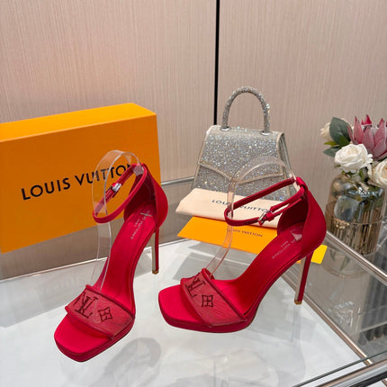 LV 26S HIGH HEEL SANDALS 110 MM IN RED FABRIC AND LAMBSKIN