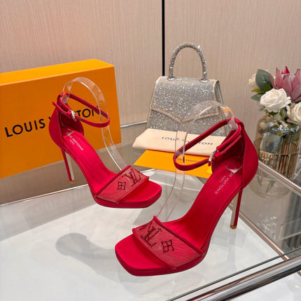 LV 26S HIGH HEEL SANDALS 110 MM IN RED FABRIC AND LAMBSKIN
