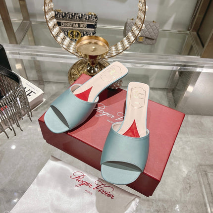 CRYSTAL HEEL MULE IN LIGHT BLUE-GREEN SILK