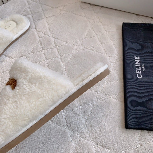 CELINE 26S MULES WITH LOGO IN WHITE AND BROWN WOOL