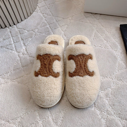 CELINE 26S MULES WITH LOGO IN LIGHT BEIGE AND BROWN WOOL