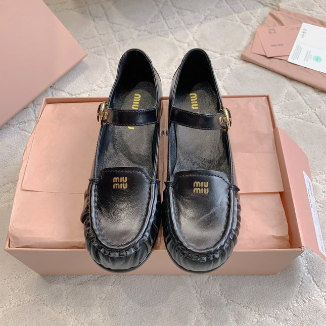 MIUMIU 26S LOAFERS IN BLACK CALFSKIN WITH STRAP