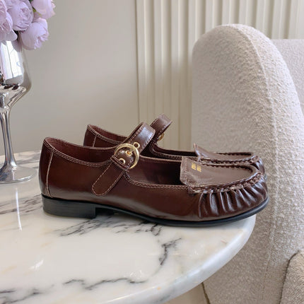 MIUMIU 26S LOAFERS IN BROWN CALFSKIN WITH STRAP