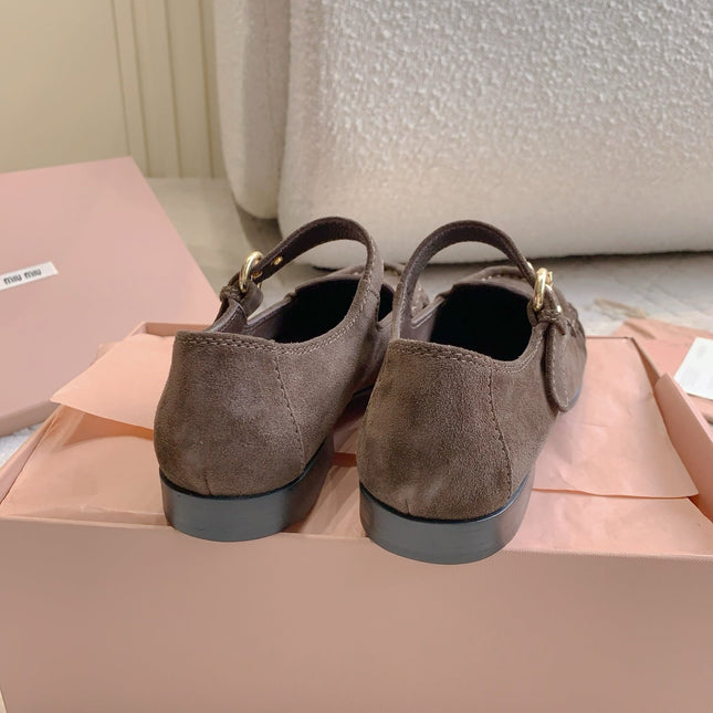 MIUMIU 26S LOAFERS IN BROWN SUEDE WITH STRAP