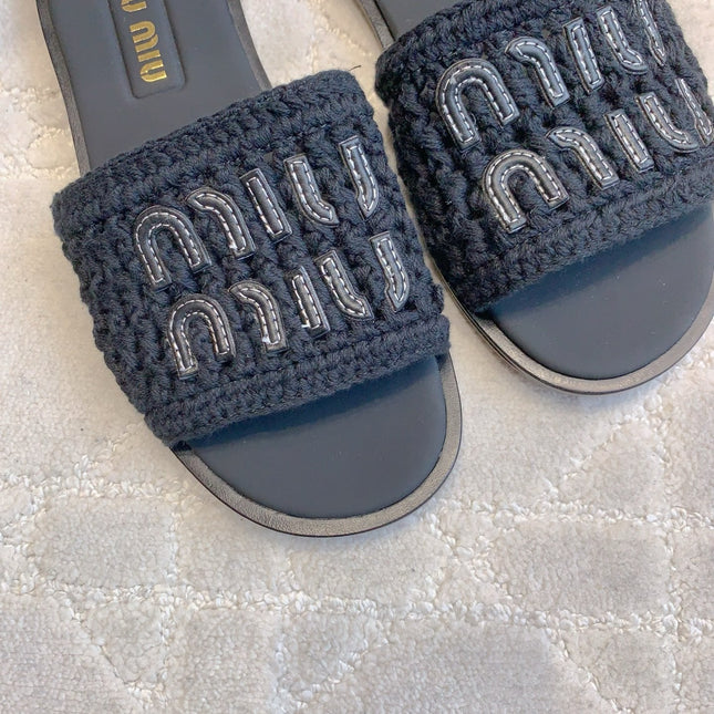 MIUMIU 26S SLIDE SANDALS IN BLACK CALFSKIN AND WOOL