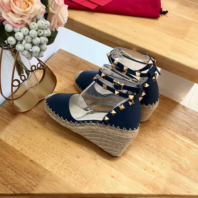 VALENTINO 26S WEDGE SHOES IN DARK BLUE CALFSKIN