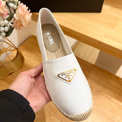 PRADA 26S LOGO ESPADRILLE SLIP ON FLATS IN WHITE CALFSKIN