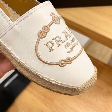 PRADA 26S EMBROIDERED LOGO ESPADRILLE FLATS IN WHITE CALFSKIN