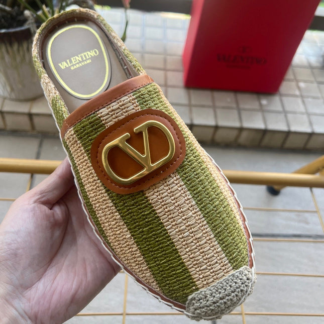 VALENTINO 26S ESPADRILLE MULES IN GREEN AND BEIGE RAFFIA