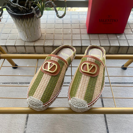 VALENTINO 26S ESPADRILLE MULES IN GREEN AND BEIGE RAFFIA