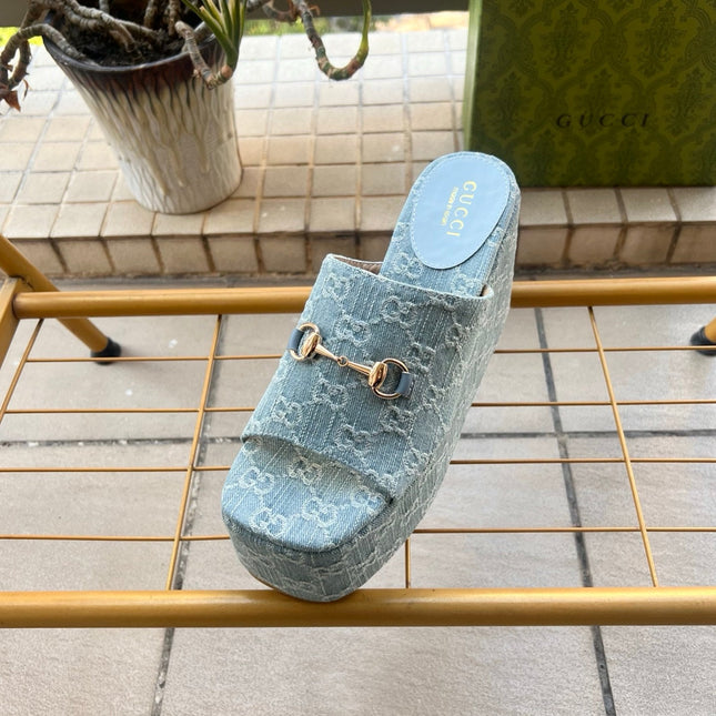GUCCI 26S WEDGE SANDALS 100 MM IN LIGHT BLUE DENIM