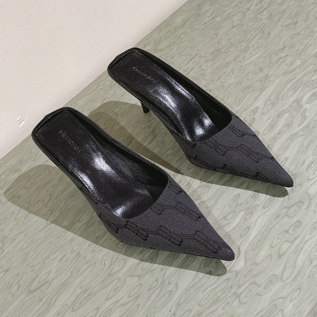 POINTED HIGH MULES IN BLACK MONOGRAM JACQUARD FABRIC