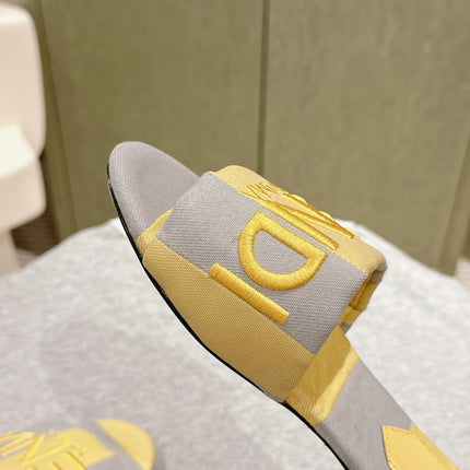 FENDI 26S SLIDE SANDALS IN YELLOW AND GREY CANVAS