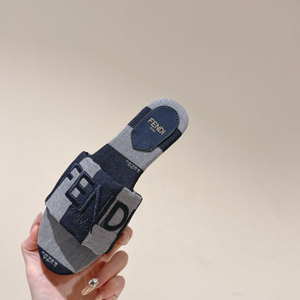 FENDI 26S SLIDE SANDALS IN DARK BLUE AND GREY CANVAS