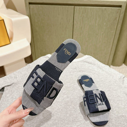 FENDI 26S SLIDE SANDALS IN DARK BLUE AND GREY CANVAS