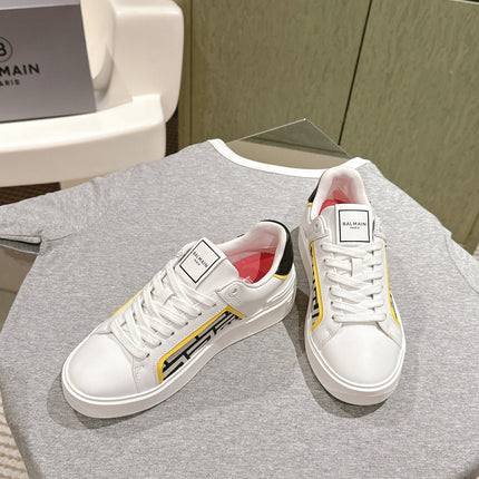 BALMAIN 26S SNEAKERS IN WHITE CALFSKIN AND BEIGE CANVAS