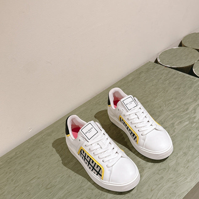 BALMAIN 26S SNEAKERS IN WHITE CALFSKIN AND BEIGE CANVAS