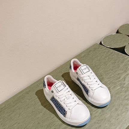 BALMAIN 26S SNEAKERS IN WHITE CALFSKIN AND BLUE CANVAS WITH BLUE SOLE