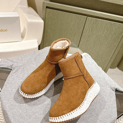 CHLOÉ 26S SHEARLING ANKLE BOOTS IN BROWN SUEDE