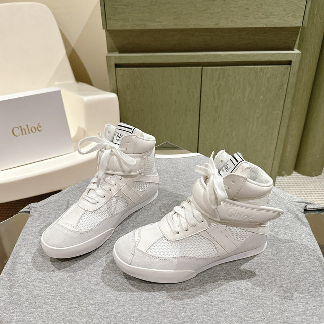 CHLOÉ 26S HIGH-TOP SNEAKERS IN WHITE CALFSKIN AND SUEDE