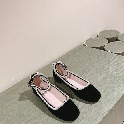 BALLERINAS MARY JANE IN BLACK SUEDE WITH PEARL TRIM